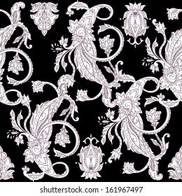 Hand-drawn paisley. Seamless background, vector illustration, monochrome