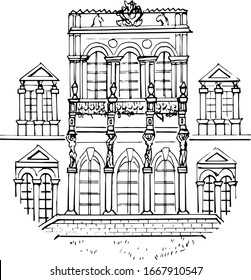 Hand-drawn Palace estate in Bykovo. Moscow oblast. Vector linear black and white illustration of Russian architecture . Retro sketch style. Isolated