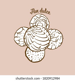 Hand-drawn Pan dulce bread illustration. Sweet bread, usually known in Mexico. Vector drawing series.