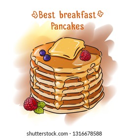 Hand-drawn pancakes illustration. Watercolor pancakes breakfast illustration. Pancakes with butter, syrup and berries. 