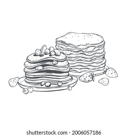 Handgezeichnete Pfannkuchen auf weißem Hintergrund. Vektorgrafik-Illustration.
