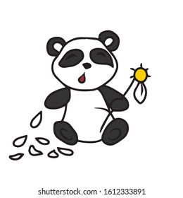 
Hand-drawn Panda guessing on a flower.Vector illustration on a white isolated background.Design for greeting cards banners.Animal