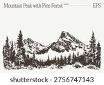 A hand-drawn panoramic sketch of a dramatic alpine mountain peak with snow-covered slopes and hatching shadows, flanked by a dense pine forest treeline, rendered in minimal vintage engraving style on a light background.