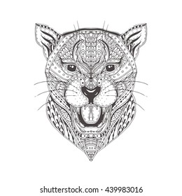 Hand-drawn panther with ethnic floral doodle pattern. Coloring page - zendala, design for spiritual relaxation for adults, vector illustration, isolated on a white background.