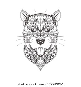 Hand-drawn panther with ethnic floral doodle pattern. Coloring page - zendala, design for spiritual relaxation for adults, vector illustration, isolated on a white background.