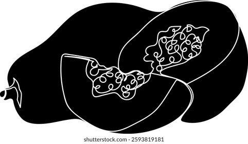 Hand-drawn papaya fruit silhouette, black and white one-line art of fruit