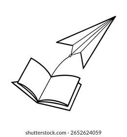 Handdrawn a paper airplane connected to an open book on vector