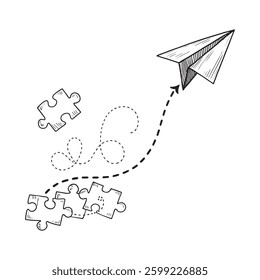 Hand-drawn paper airplane taking flight over puzzle pieces, symbolizing progress and problem-solving.