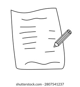 Hand-drawn paper document with pencil. icon illustration