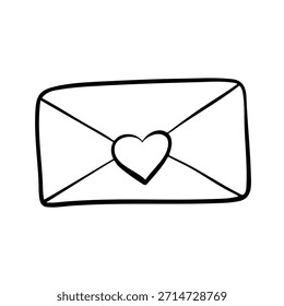 Hand-drawn paper envelope with a heart. Sending a parcel with a postcard. Outline doodle illustration of a letter.