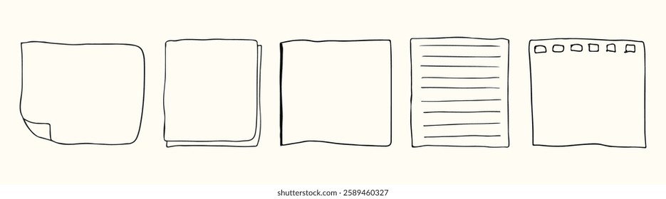 Hand-drawn paper icons in a minimalist style. Various paper types, including lined and blank sheets. Simple, minimalist paper designs in a sketch format. Hand drawn illustrations, vector set.