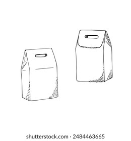Hand-drawn paper Lunch Bag. Packaging for sandwiches, food, gifts, and other products. Isolated on white background