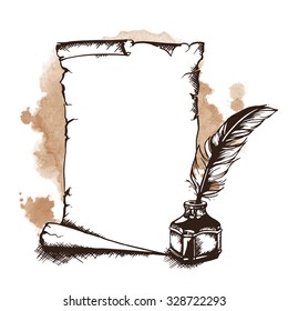 Hand-drawn paper scroll, feather and inkwell. Vector illustration