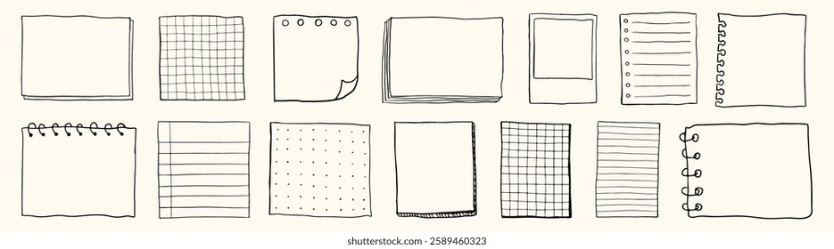 Hand-drawn paper sheets. Includes lined, grid, and spiral-bound paper. Sketchy paper designs for notes and sketches. Diverse paper types in a doodle style. Hand drawn illustrations, vector set.