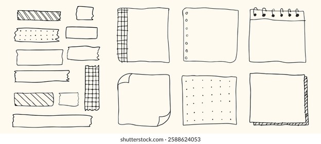 Hand-drawn paper and tape set. Includes lined, grid, and spiral notebook pages. Variety of tape designs. Sketch style, perfect for creative projects. Hand drawn illustrations, vector set.