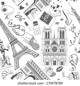 hand-drawn Paris symbols seamless pattern