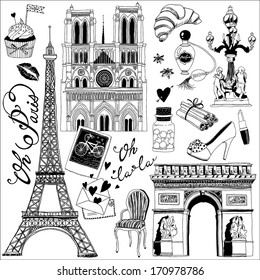 hand-drawn Paris symbols set