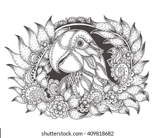 Hand-drawn parrot with ethnic floral doodle pattern. Coloring book page - zendala, design for meditation for adults, vector illustration, isolated on a white background. Zen doodles.