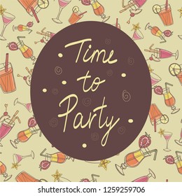 Hand-drawn party banner with cocktails on background