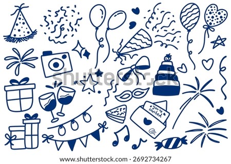 Hand-Drawn Party Decoration Elements Set Include Party Hat, Fireworks, Balloon, Envelope, Confetti and Gift Box.