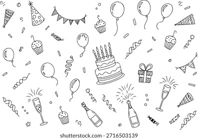 Conjunto de Vector de garabatos de fiesta dibujado a mano con pastel de cumpleaños, globos y champán. Ilustración de Doodle de Elementos de fiesta para tarjetas de felicitación y decoración. Iconos de aniversario y evento dibujados a mano. Garabatos de estilo de patrón de celebración sin fisuras con confeti, Bunting y golosinas. Página para colorear de fiesta de cumpleaños para niños con pastel, globos y cajas de regalo. Fondo minimalista de Doodle de cumpleaños en blanco y negro para publicaciones en redes sociales. Clipart de Vector de celebración festiva para invitaciones y planificación de eventos. 