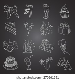 hand-drawn party icon set on black background, excellent vector illustration, EPS 10