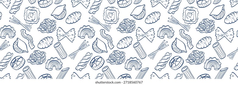Padrão de massa desenhado à mão com fusilli, farfalle, rigatoni, conchas e formas espiral em um clima mediterrâneo. Ideal para embalagens de alimentos, gráficos de receita e projetos têxteis repetidos.