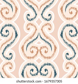 Hand-Drawn Pastel Beige Heart Shape Traditional Ikat Vector Seamless Pattern. Modern Woven Swirls Geometric Print, Perfect for Textiles, Fashion, Background. Tribal BohoTexture