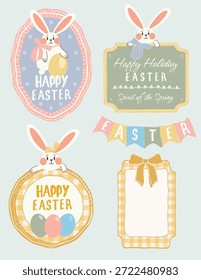 Handgezeichnetes Osterdoodle-Set mit einem niedlichen Hasen, dekorativen Rahmen, Gingham-Tags und Frühlingsferien-Grüßen