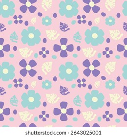 Hand-drawn pastel flowers on a pink background. Seamless pattern is floral for clothing, fabric, wallpaper, backdrop, home decoration, cover book, and wall art. Vintage style. 