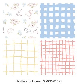 Hand-Drawn Pastel Geometric Patterns Set – Stripes, Grids, and Abstract Textures. Boho Geometric and Floral Patterns, Checkered, Lines, and Doodle Elements, Organic Grid and Line Textures