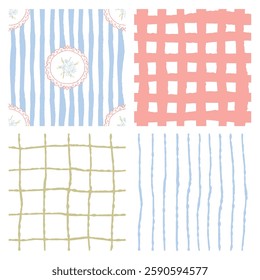 Hand-Drawn Pastel Geometric Patterns Set – Stripes, Grids, and Abstract Textures. Boho Geometric and Floral Patterns, Checkered, Lines, and Doodle Elements, Organic Grid and Line Textures