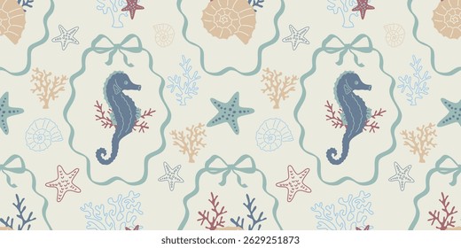 Hand-drawn Pastel Marine Seamless Pattern in the form of frames with bows. Vector lace pattern with Starfish, Coral,seahorse, seashell. Coquette style. Design for baby print, fabric, wrapping paper