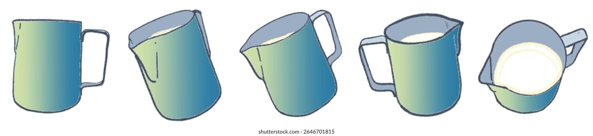 Hand-Drawn Pastel Milk Pitcher Collection – Soft Gradient Latte Art Jug Illustrations for Cozy Cafe Branding, Artisan Coffee Shop Menu, Barista Tools, Minimalist Beverage Packaging, and Warm Social Me