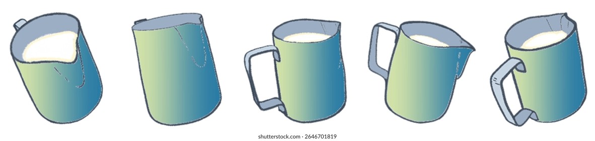 Hand-Drawn Pastel Milk Pitcher Collection – Soft Gradient Latte Art Jug Illustrations for Cozy Cafe Branding, Artisan Coffee Shop Menu, Barista Tools, Minimalist Beverage Packaging, and Warm Social Me