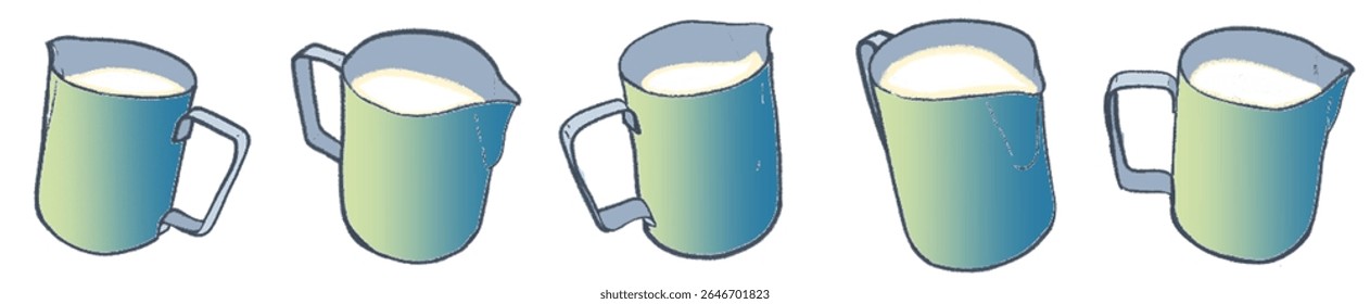 Hand-Drawn Pastel Milk Pitcher Collection – Soft Gradient Latte Art Jug Illustrations for Cozy Cafe Branding, Artisan Coffee Shop Menu, Barista Tools, Minimalist Beverage Packaging, and Warm Social Me