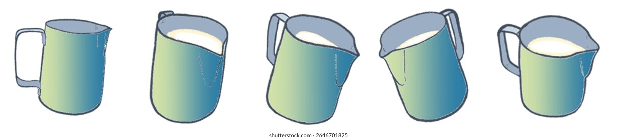 Hand-Drawn Pastel Milk Pitcher Collection – Soft Gradient Latte Art Jug Illustrations for Cozy Cafe Branding, Artisan Coffee Shop Menu, Barista Tools, Minimalist Beverage Packaging, and Warm Social Me