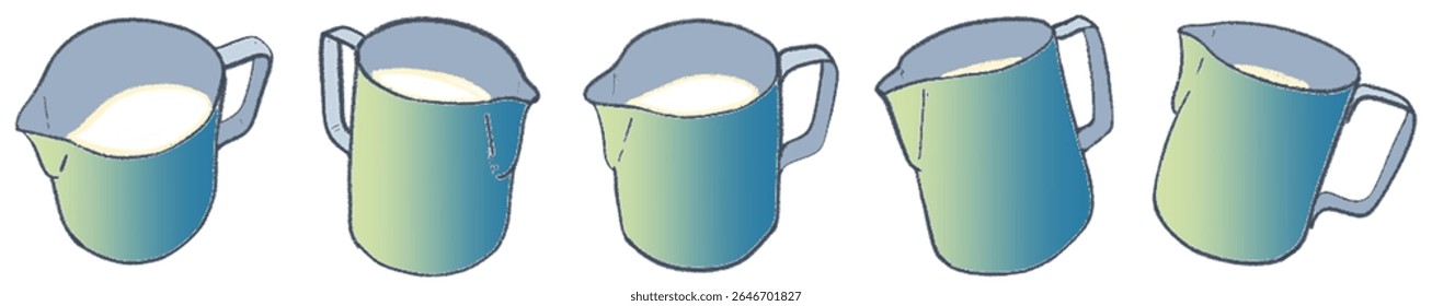 Hand-Drawn Pastel Milk Pitcher Collection – Soft Gradient Latte Art Jug Illustrations for Cozy Cafe Branding, Artisan Coffee Shop Menu, Barista Tools, Minimalist Beverage Packaging, and Warm Social Me