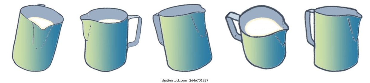 Hand-Drawn Pastel Milk Pitcher Collection – Soft Gradient Latte Art Jug Illustrations for Cozy Cafe Branding, Artisan Coffee Shop Menu, Barista Tools, Minimalist Beverage Packaging, and Warm Social Me