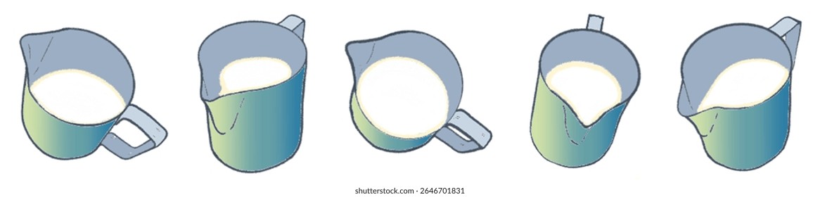 Hand-Drawn Pastel Milk Pitcher Collection – Soft Gradient Latte Art Jug Illustrations for Cozy Cafe Branding, Artisan Coffee Shop Menu, Barista Tools, Minimalist Beverage Packaging, and Warm Social Me