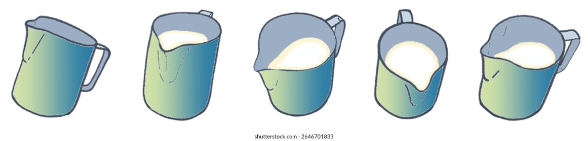 Hand-Drawn Pastel Milk Pitcher Collection – Soft Gradient Latte Art Jug Illustrations for Cozy Cafe Branding, Artisan Coffee Shop Menu, Barista Tools, Minimalist Beverage Packaging, and Warm Social Me