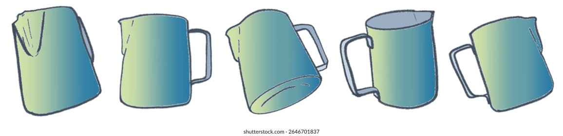 Hand-Drawn Pastel Milk Pitcher Collection – Soft Gradient Latte Art Jug Illustrations for Cozy Cafe Branding, Artisan Coffee Shop Menu, Barista Tools, Minimalist Beverage Packaging, and Warm Social Me
