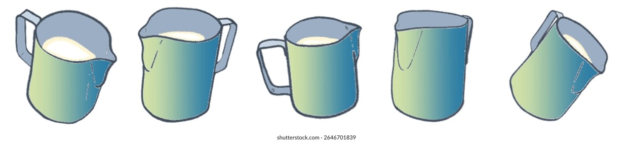 Hand-Drawn Pastel Milk Pitcher Collection – Soft Gradient Latte Art Jug Illustrations for Cozy Cafe Branding, Artisan Coffee Shop Menu, Barista Tools, Minimalist Beverage Packaging, and Warm Social Me