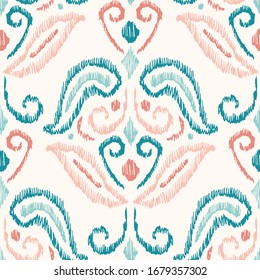 Hand-Drawn Pastel Pink and Aqua Traditional Ikat Boho Damask Vector Seamless Pattern. Modern Woven Swirls Geometric Print, Perfect for Textiles, Fashion, Background. Monochrome Tribal Boho Texture