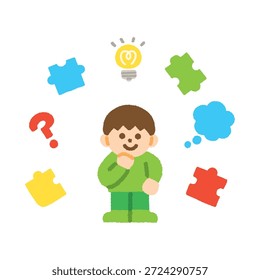 Hand-drawn Pastel Thinking Boy with Puzzle and Idea Icons