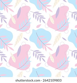 Hand-drawn pastel tone leaves on a white background. Seamless pattern is plant for clothing, fabric, wallpaper, backdrop, home decoration, cover book, and wall art. Vintage style. 