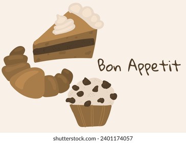 Hand-drawn pastries. Banner with a doodle bakery and the inscription bon appetit. Sweet cakes on the theme of food