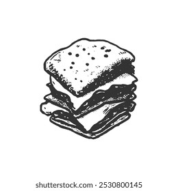 Ilustração De Massa Desenhada À Mão. Ilustração a preto e branco, desenhada à mão, de uma massa em camadas, que se assemelha a um mille-feuille ou a uma fatia de bolo. O desenho detalhado para projetos relacionados com padaria, menus.