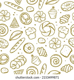 A hand-drawn pattern of bakery elements bretzel croissant bread donut baguette Vector doodle sketch.