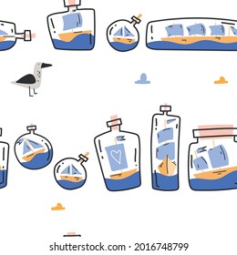 Hand-drawn pattern with boats and seagulls. Scandinavian sea pattern. Children's pattern 